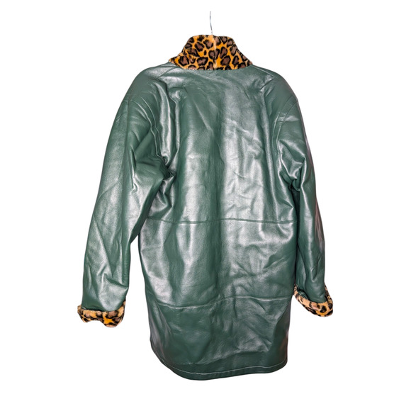Womens Green Faux Leather Coat Leopard Print Faux Fur Trim Size Medium Vtg - Picture 4 of 5